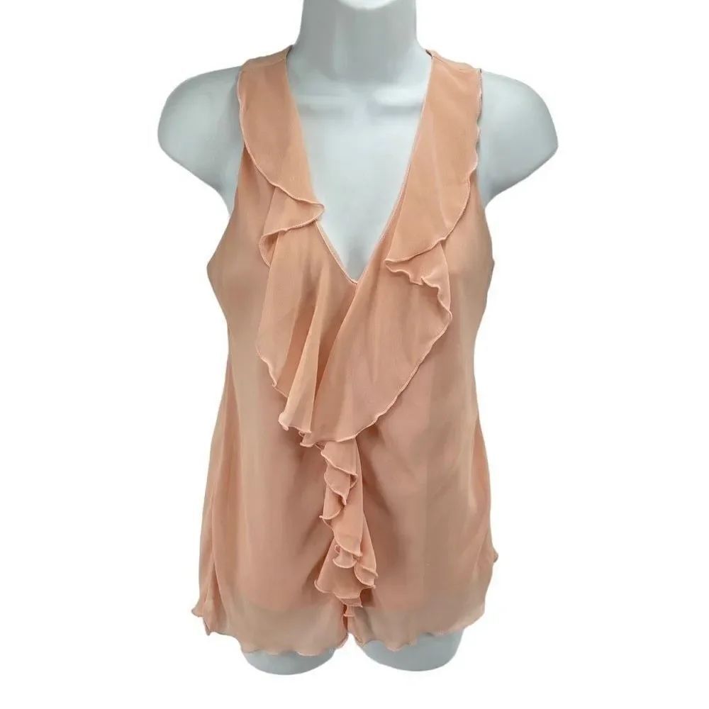 A. Byer Womens Blouse Top Sleeveless Ruffle Lined V Neck Lace Back Pink Small